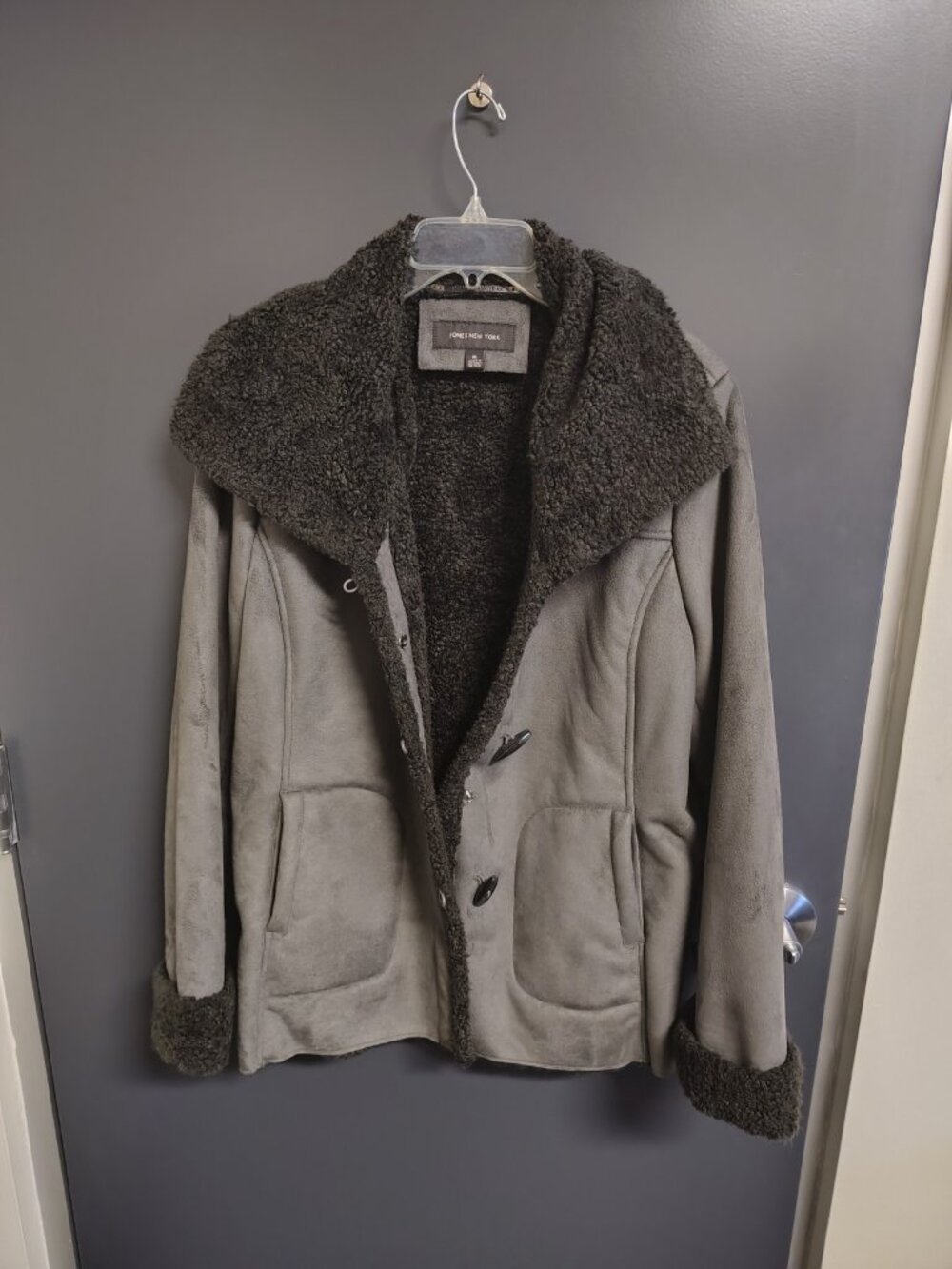 Jones New York Faux Suede Shearling Toggle Jacket Gray Women’s XL
